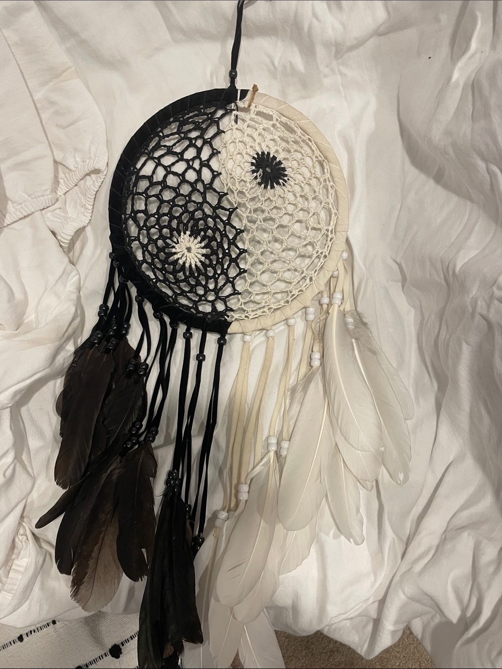 Black and White Yin Yang Dreamcatcher with Feathers